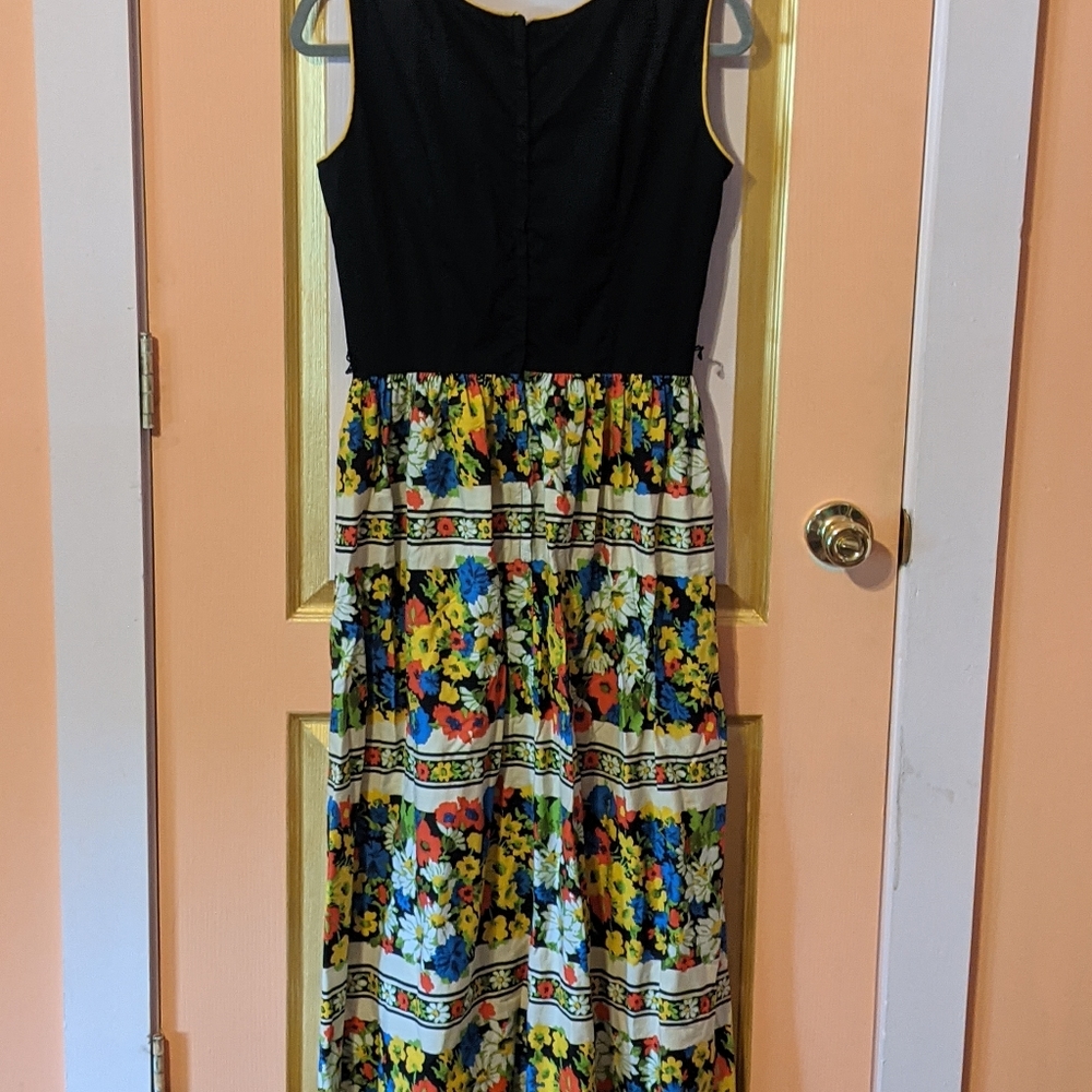 Vintage, handmade maxi dress with black fitted bust and floral skirt